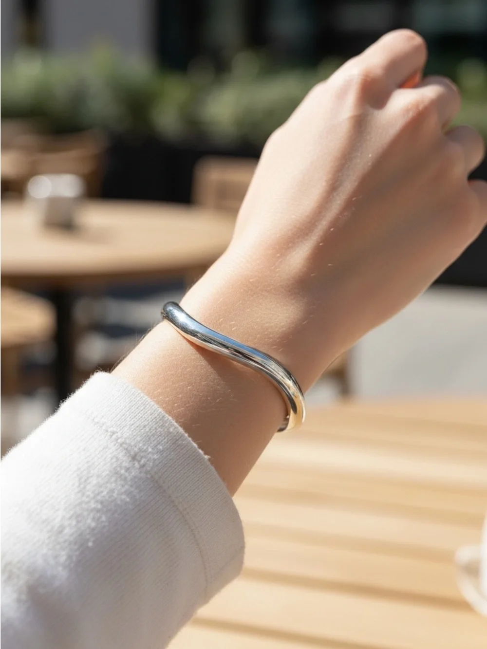 8/19 Silver Curved Bangle Bracelet - Women Jewelry